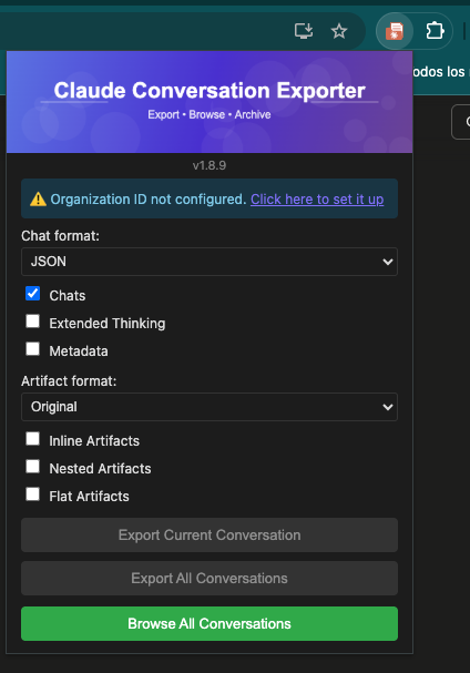 Claude Conversation Exporter browser extension panel