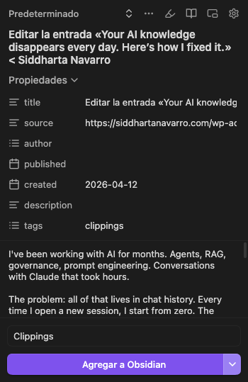 Obsidian note with the clipped article and its properties