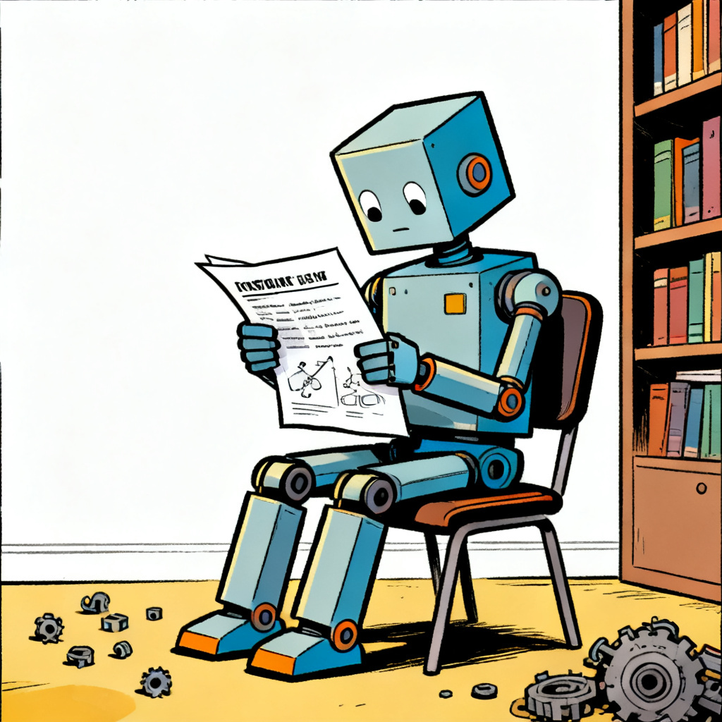 Cartoon robot sitting in a chair reading a document