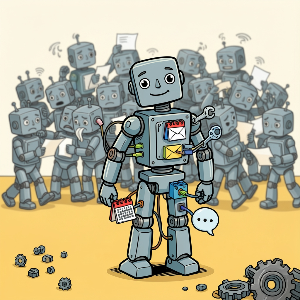 Cartoon robot in front of a crowd of identical robots, representing multi-agent systems