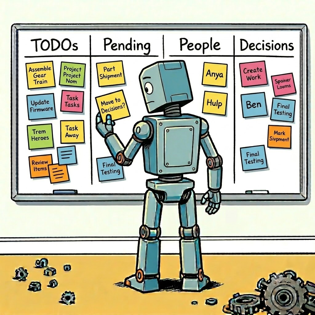 Cartoon robot pointing at a whiteboard of to-dos, people and decisions from a meeting