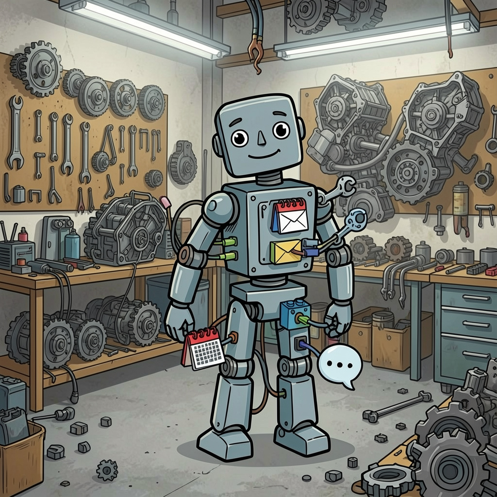 Cartoon robot standing in a workshop full of tools and engine parts, representing an agent harness