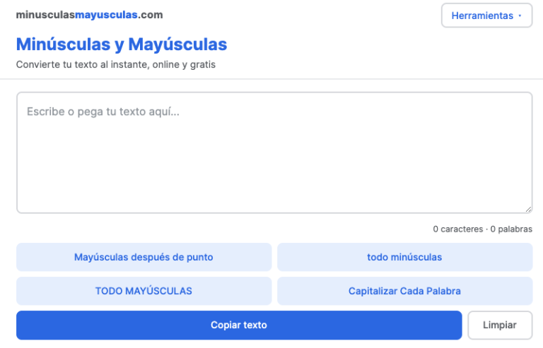 The minusculasmayusculas.com text tools interface